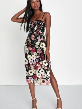 Lulu's Black Midi Dress with Multicolor Floral Embroidery
